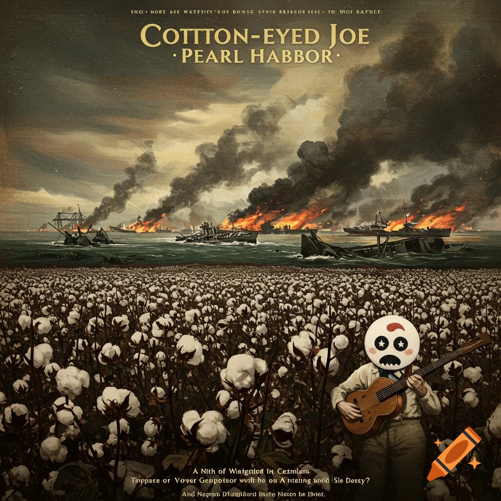 A figure with a stylized face plays guitar in a cotton field foreground, with a burning Pearl Harbor battle scene in the background. Text reads "COTTON-EYED JOE PEARL HARBOR".