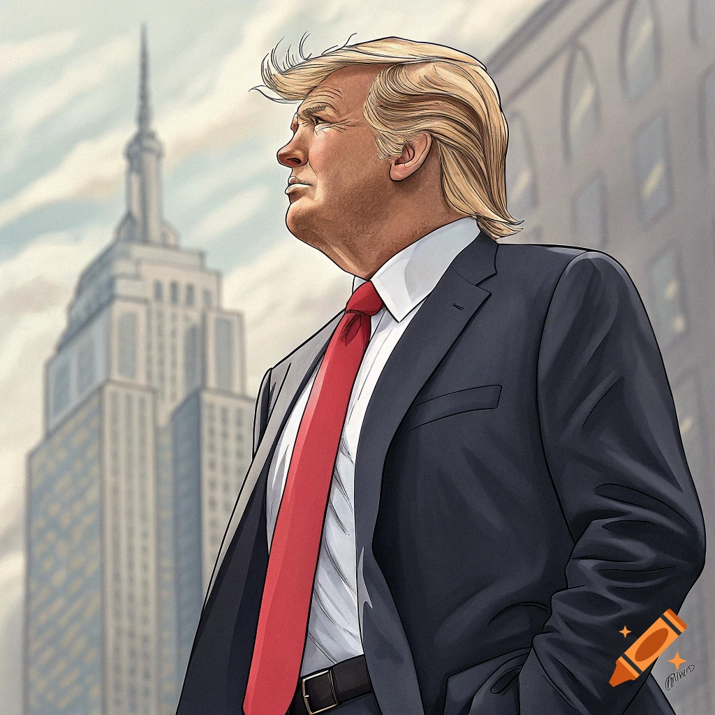 Stylized illustration of Donald Trump in a suit looking towards the Empire State Building.