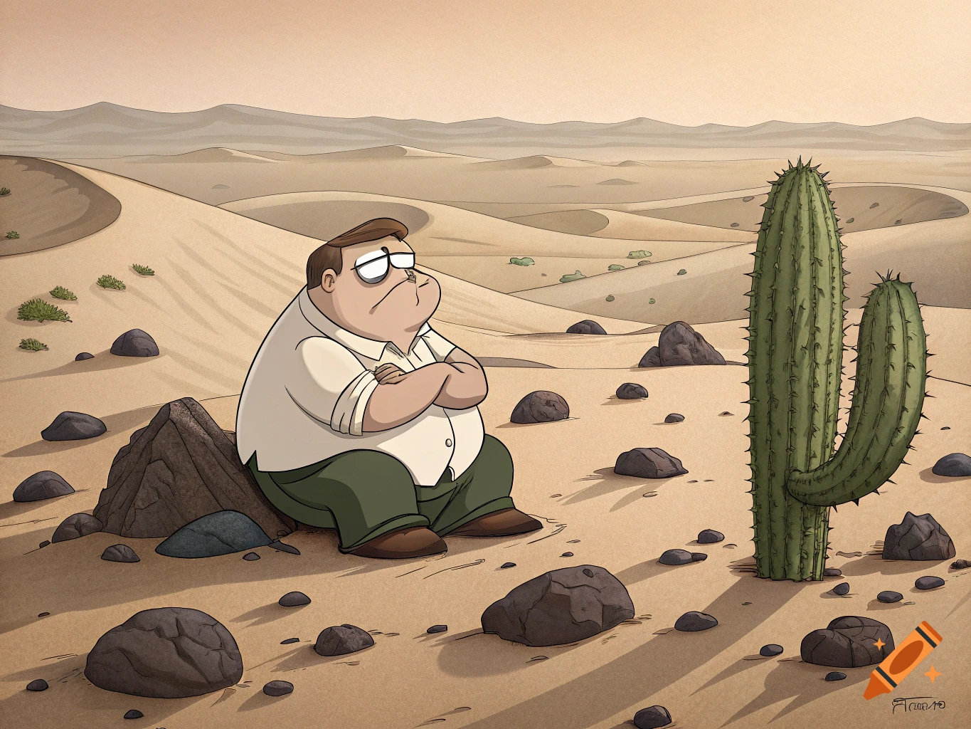Cartoon character resembling Peter Griffin sitting sadly in a desert landscape next to a cactus.