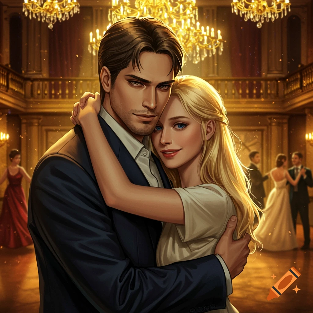 A romantic digital illustration of a man and woman embracing while dancing in a grand ballroom with chandeliers.