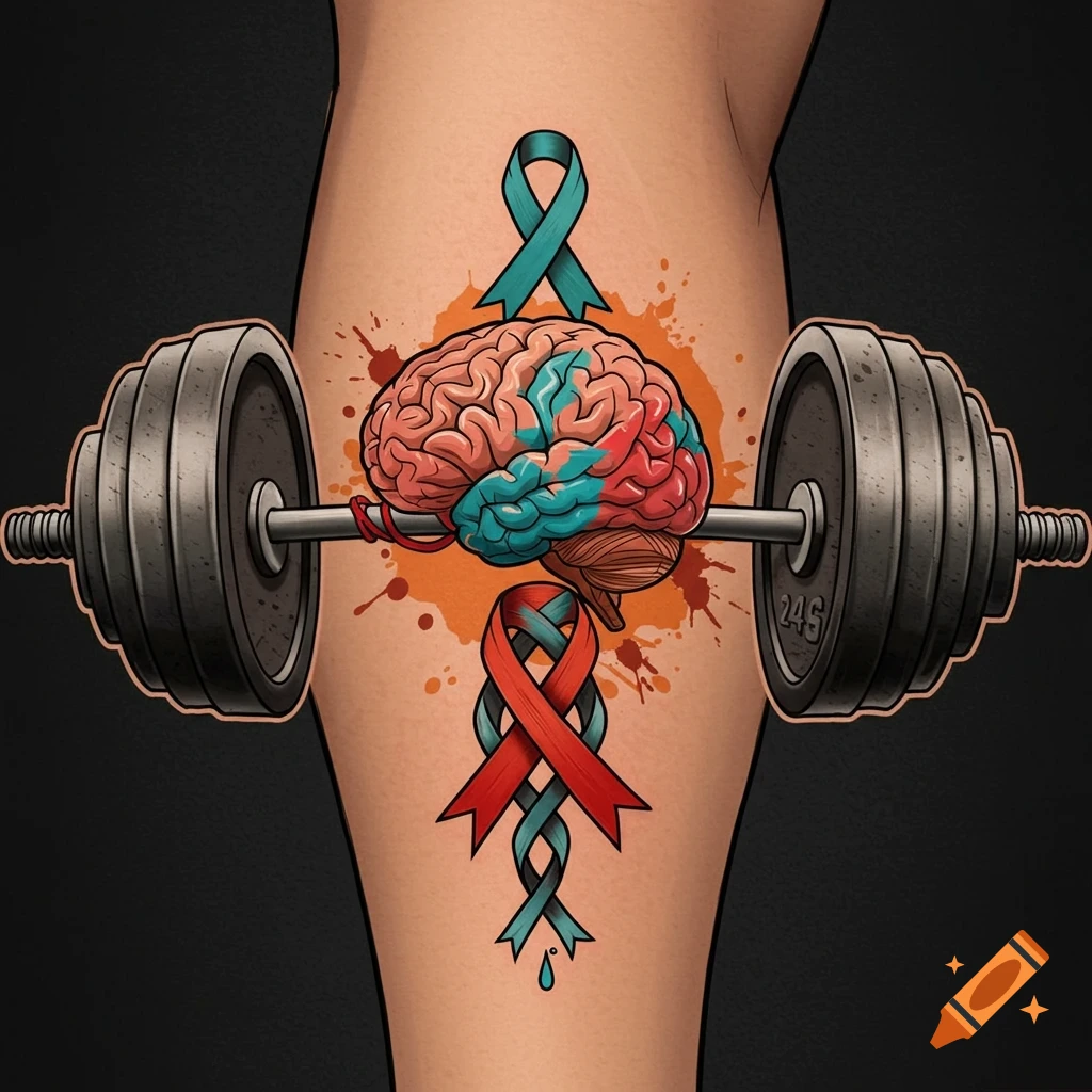 Stylized tattoo design of a brain on a barbell with mental health awareness ribbons on an arm.
