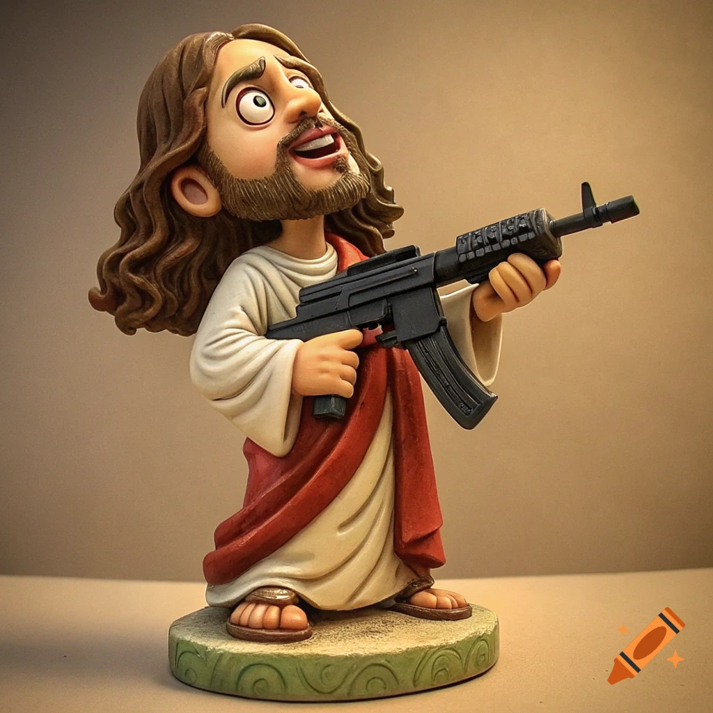 Figurine of Jesus holding a gun in a cartoon style