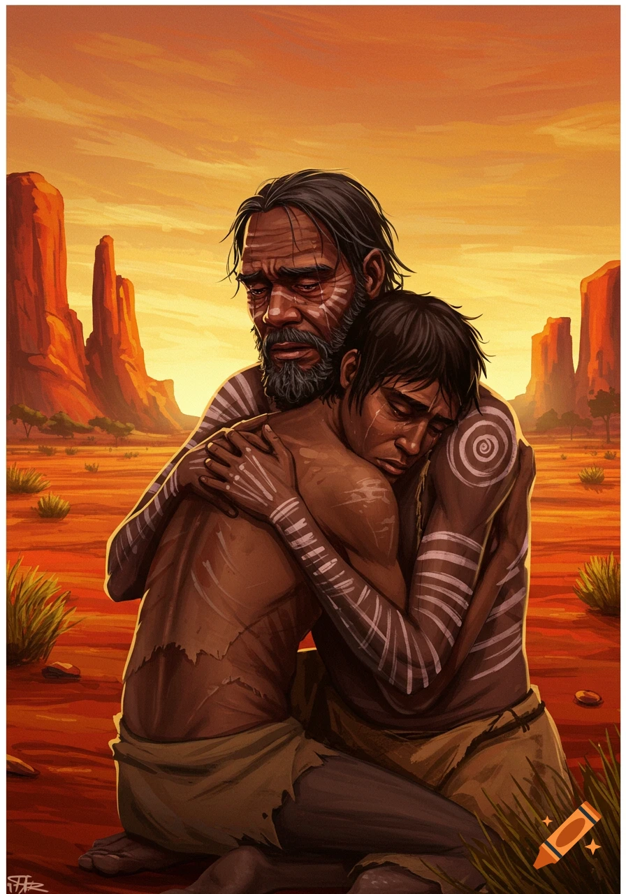 Illustration of an indigenous father embracing his son in a desert landscape, both figures distressed, with body markings.