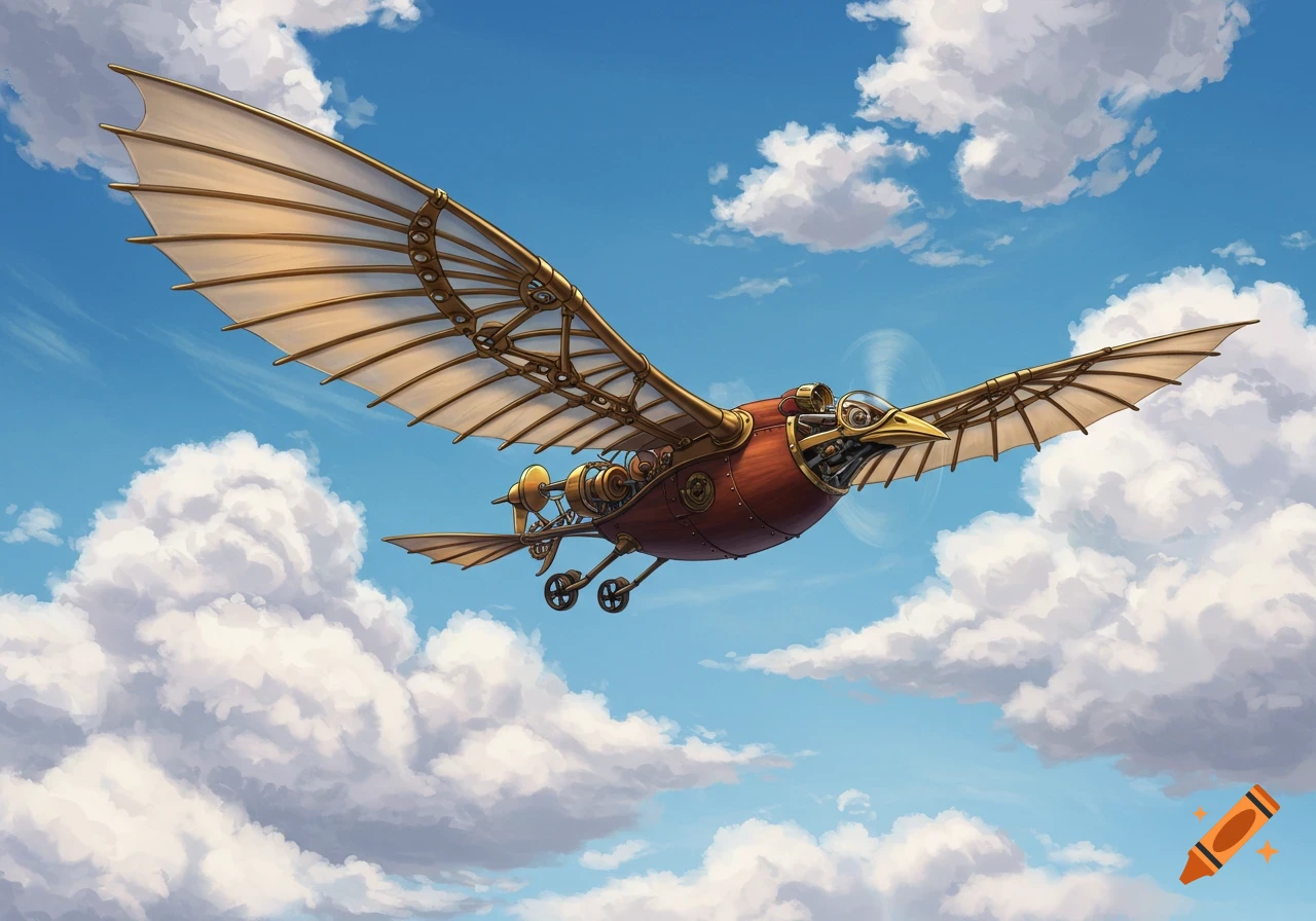 A steampunk ornithopter flies through a cloudy blue sky.
