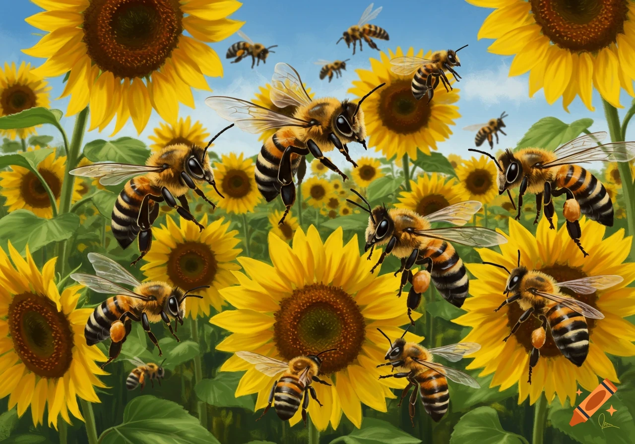 Illustration of many bees flying among a field of sunflowers.