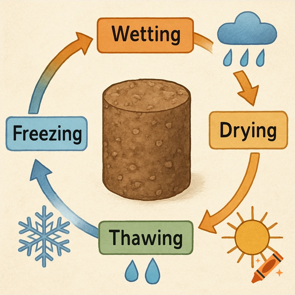 Diagram showing the cycle of wetting, drying, thawing, and freezing around a cylindrical soil sample.