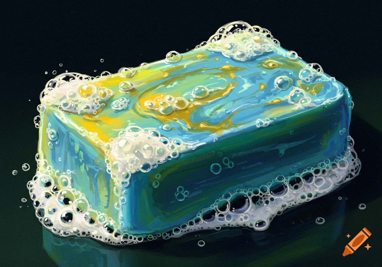 Bar of swirled blue and yellow soap covered in white bubbles