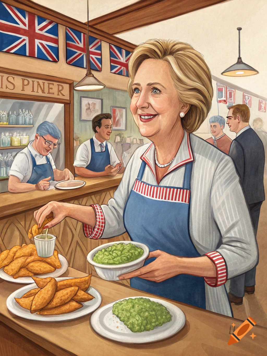 Illustration of Hillary Clinton serving mushy peas in a British fish and chip shop.