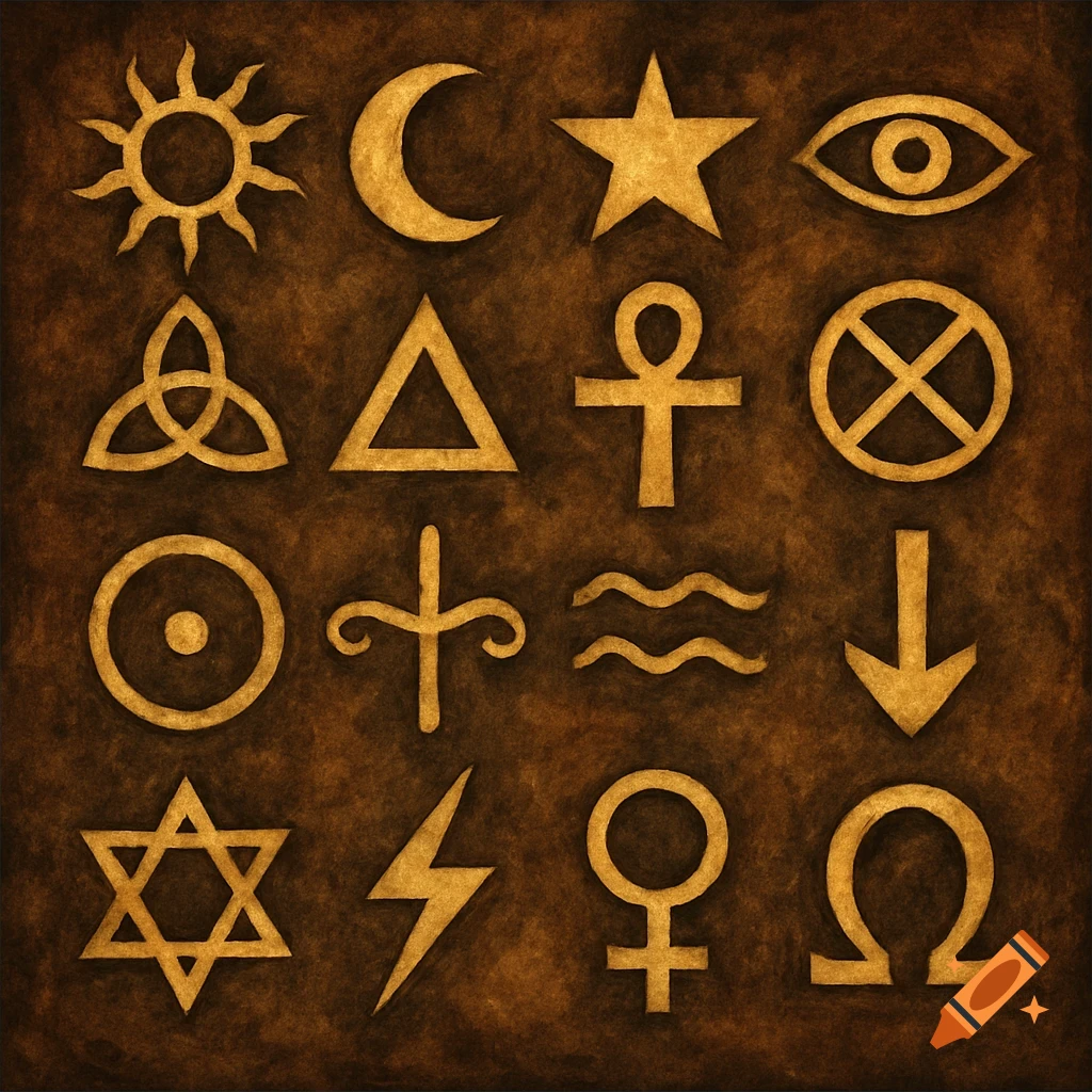 A grid of golden symbols including a sun, moon, star, eye, triquetra, triangle, ankh, circled cross, circle, cross, waves, arrow, star of David, lightning bolt, female sign, and Omega symbol, on a dark brown textured background.