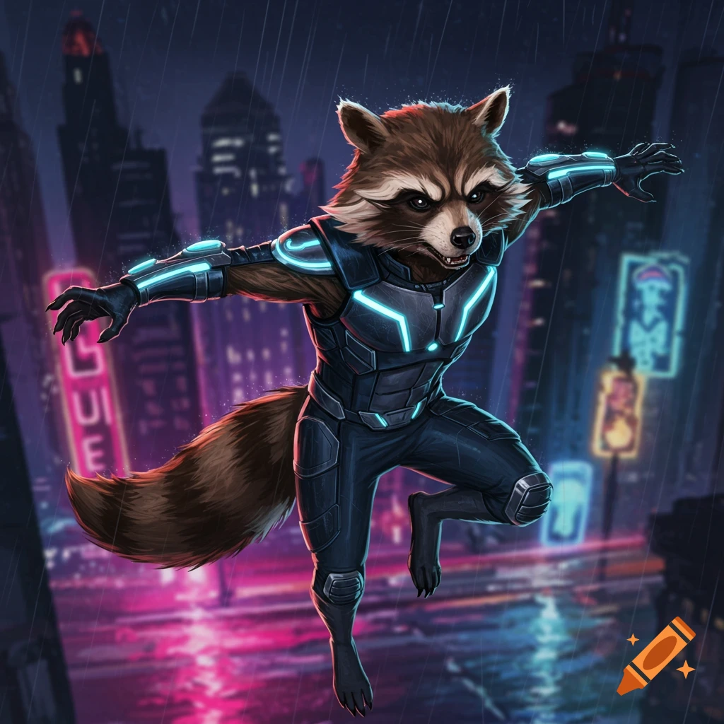 An illustration of a raccoon superhero in a futuristic suit jumping in a rainy city.