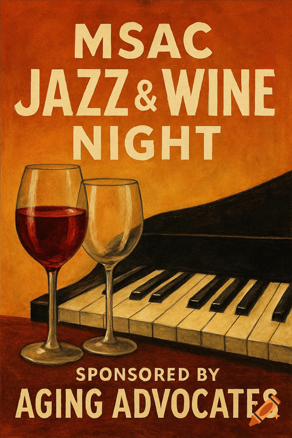 Poster for MSAC Jazz & Wine Night event featuring two wine glasses and a piano keyboard with text.