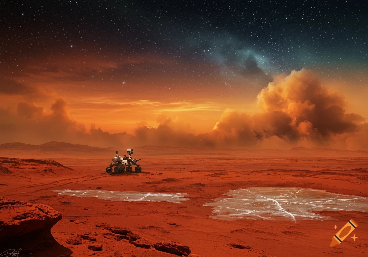 A rover explores the red landscape of Mars under a starry sky with orange clouds and frozen water.
