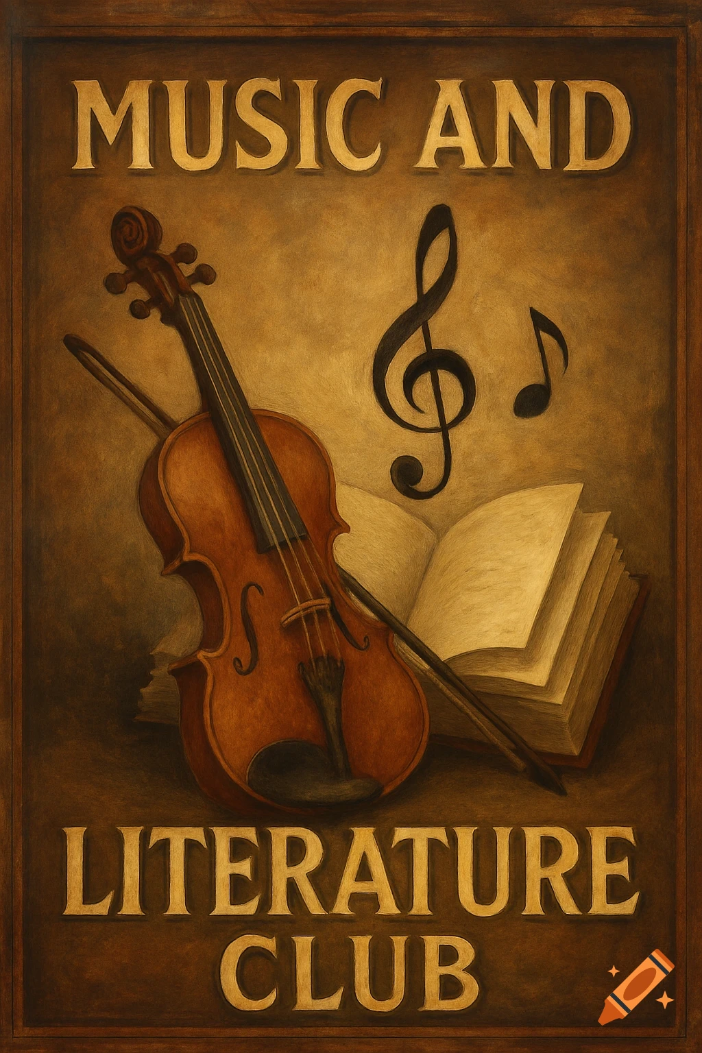 Painting of a sign for a Music and Literature Club with a violin, book, and music notes.