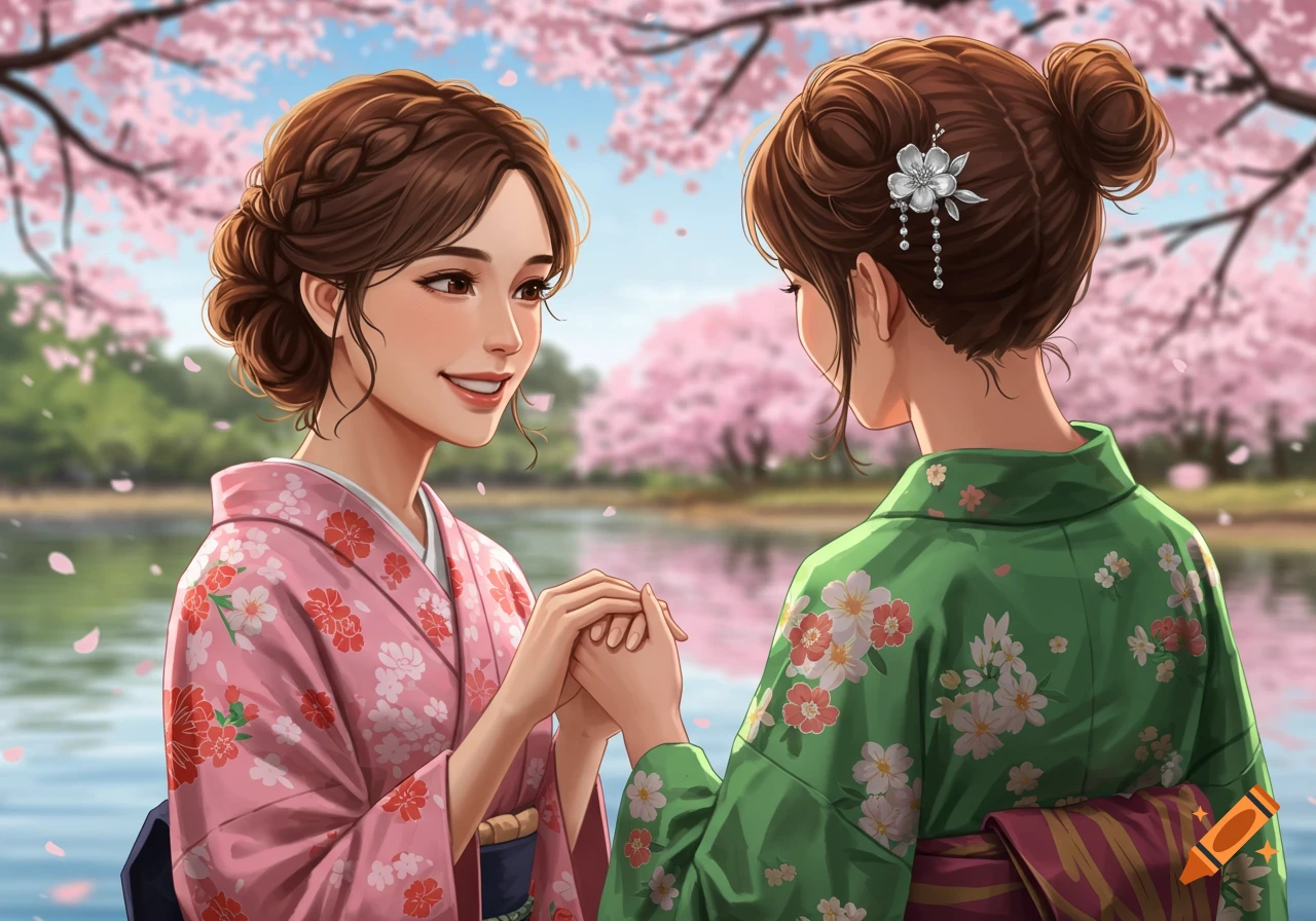 Two women in kimonos hold hands under cherry blossom trees by a lake, anime style.