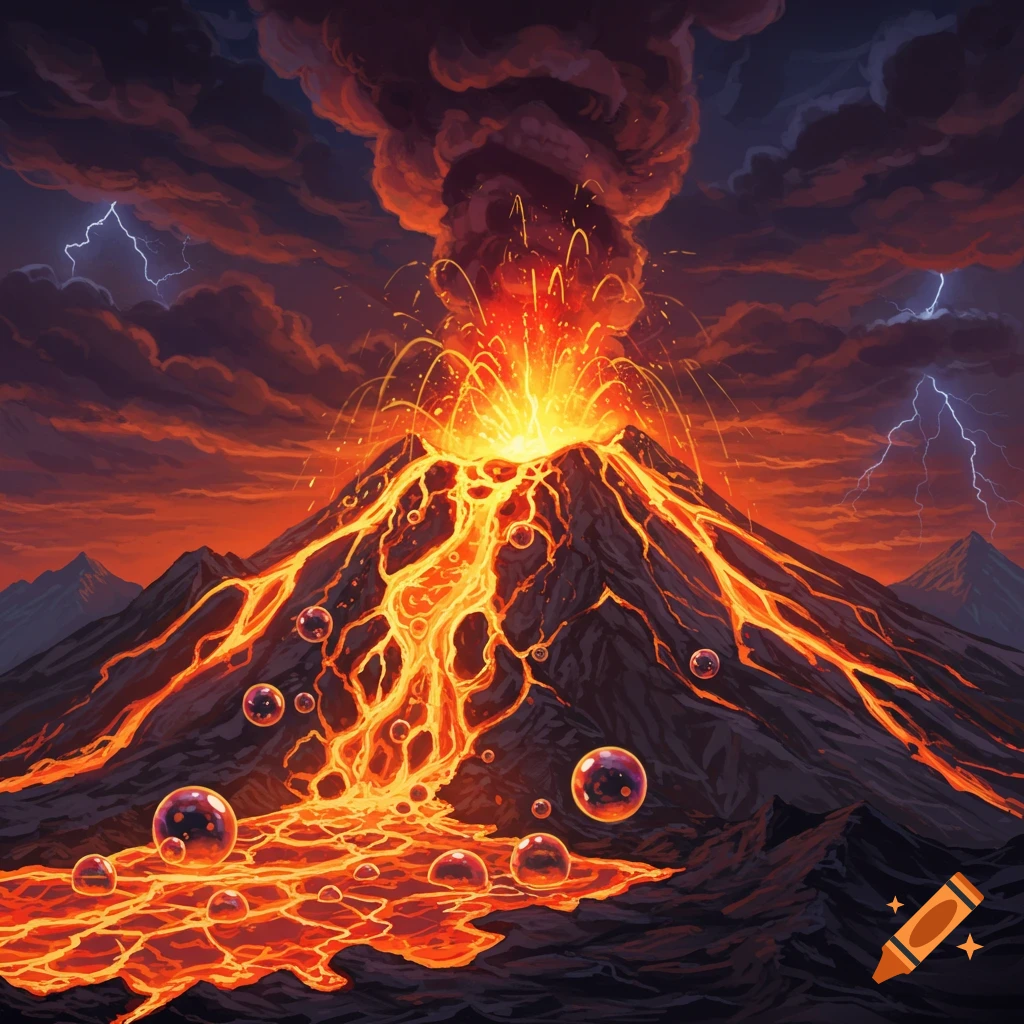 Dramatic illustration of a volcano erupting with glowing lava, bubbles, smoke, and lightning.