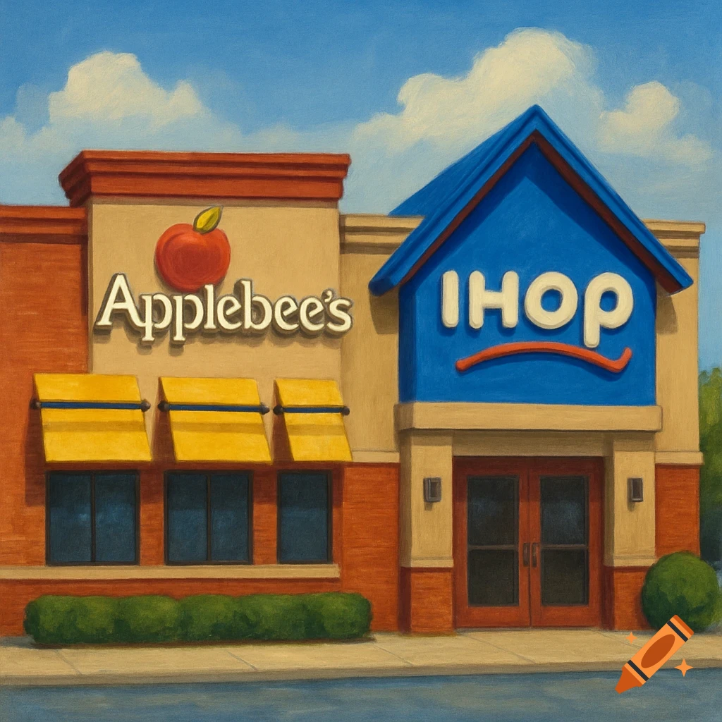 Painting of a building facade combining Applebee's and IHOP restaurants