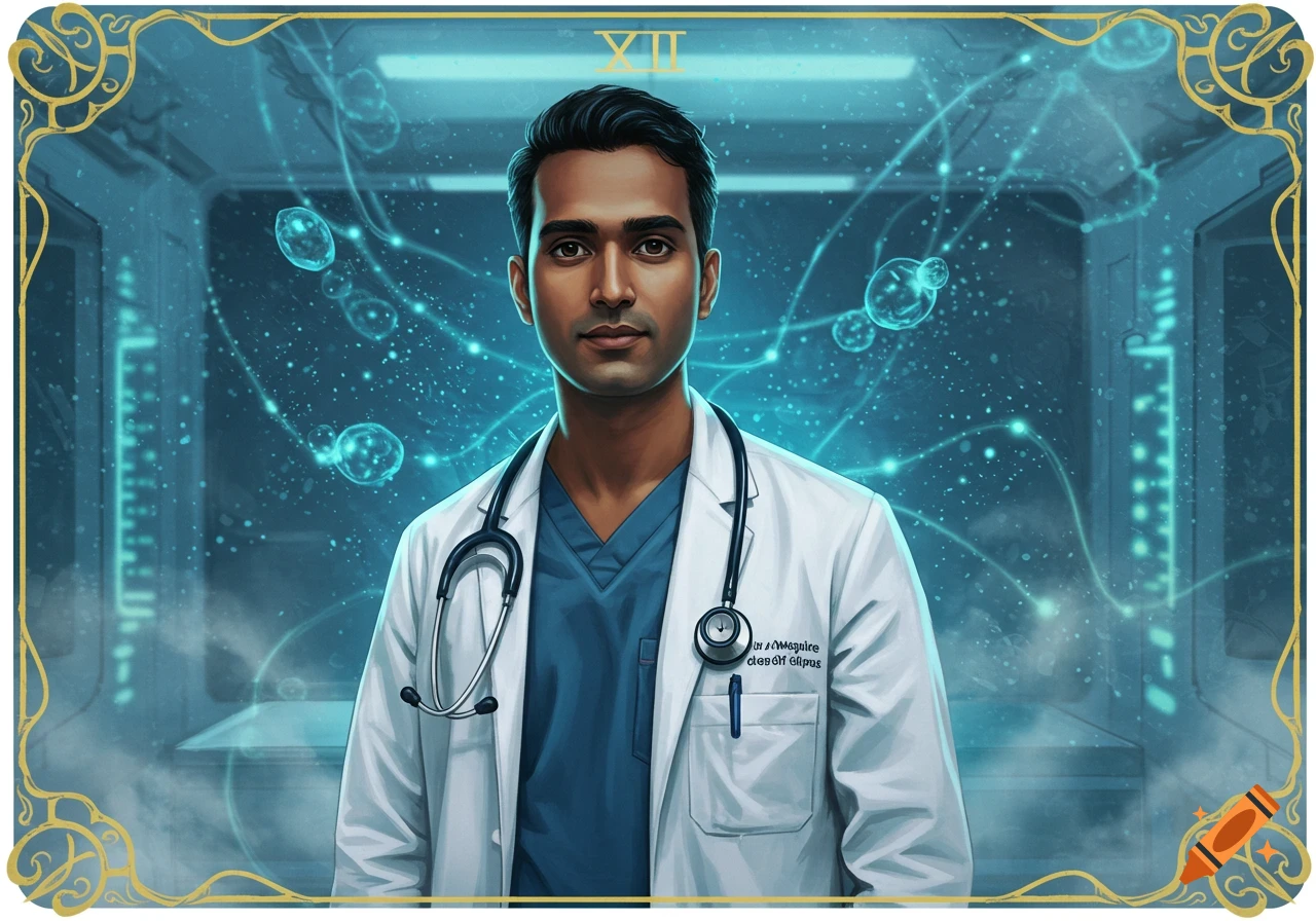 A portrait of a medical professional in a futuristic setting, styled like a tarot card.