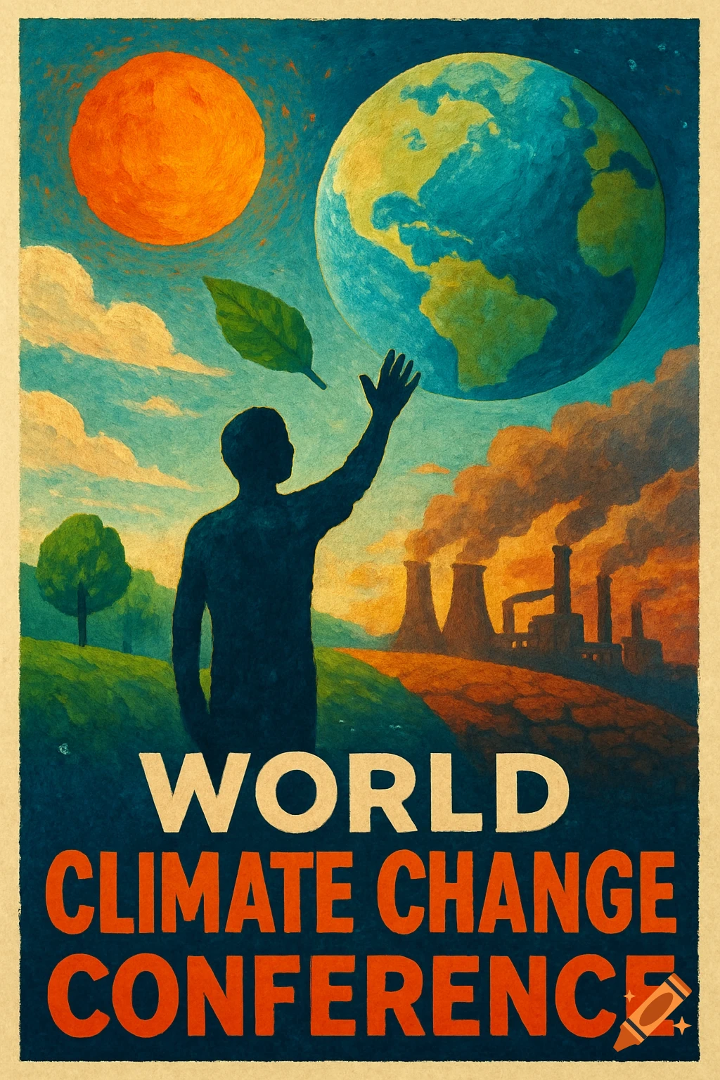 Vintage-style poster for a climate change conference showing a person reaching for Earth and a leaf, with polluting factories behind them.