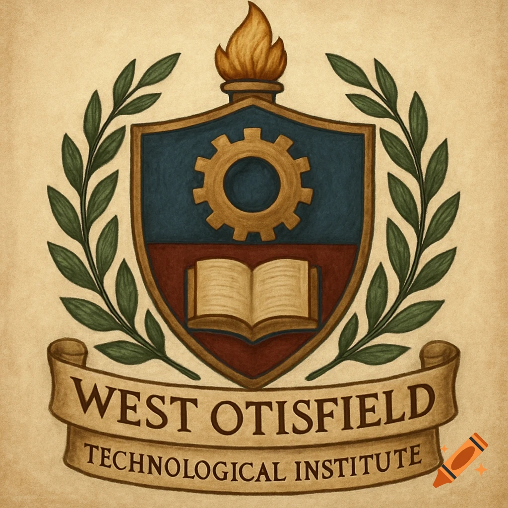 Vintage illustration of a school emblem with a shield, gear, book, torch, and banner reading 'WEST OTISFIELD TECHNOLOGICAL INSTITUTE'.