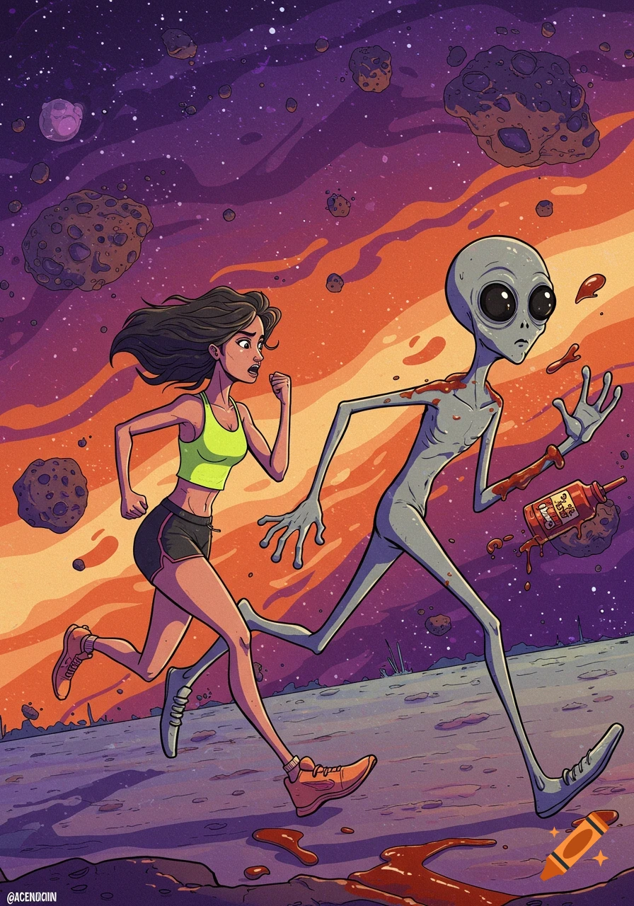Illustration of a woman and an alien running through space past asteroids with red splatters.