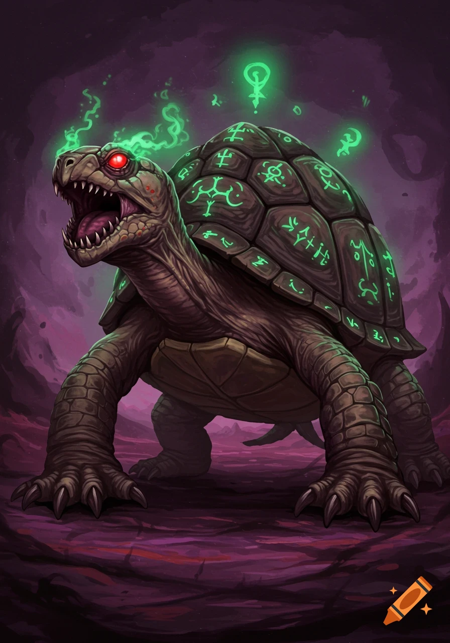 A fearsome occult demon turtle with red eyes, open mouth, and glowing green symbols on its shell stands in a dark, purple landscape. Digital illustration.