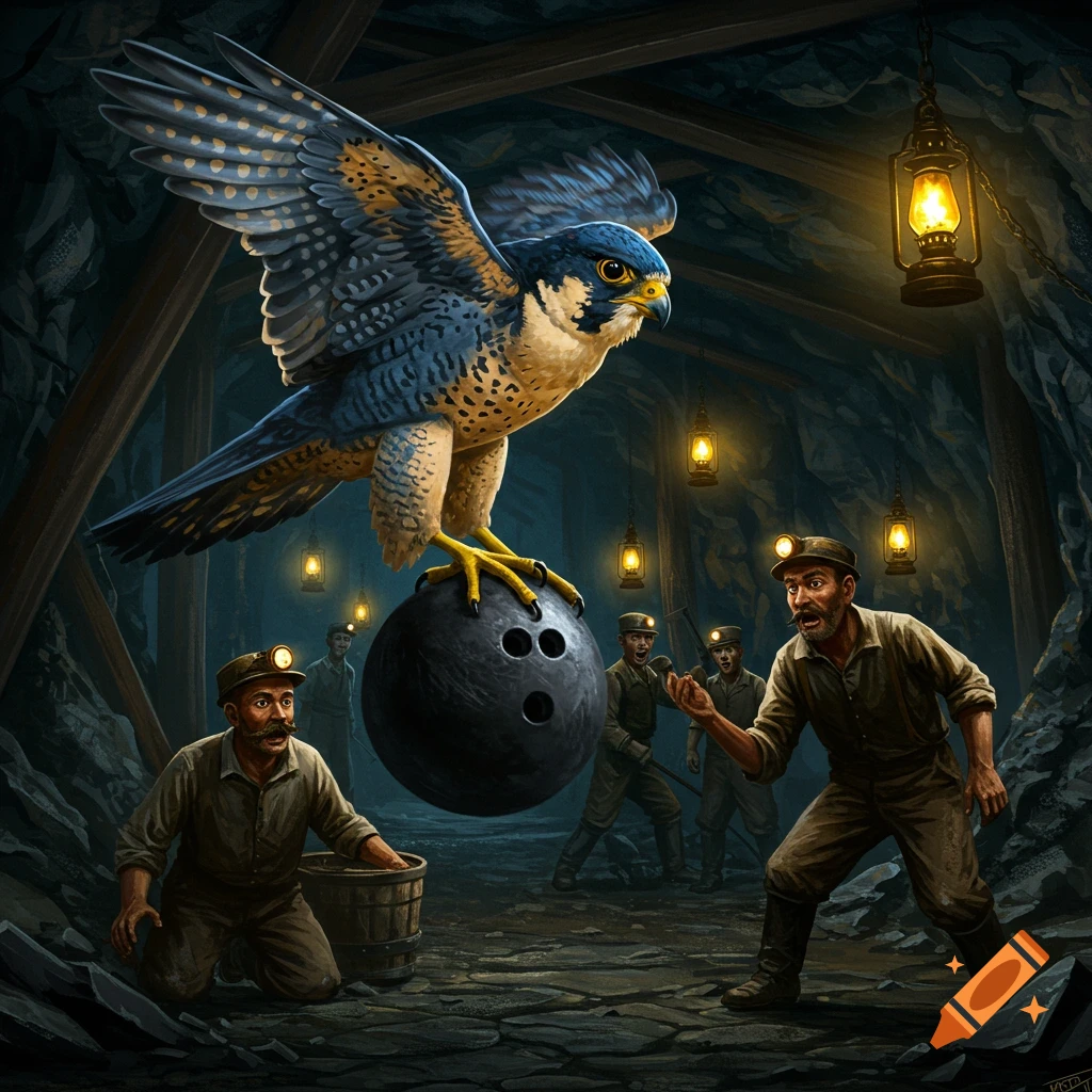 Illustration of a large falcon holding a bowling ball over surprised miners in a mine.