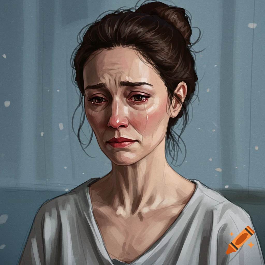 Digital painting of a crying woman with tears running down her face.