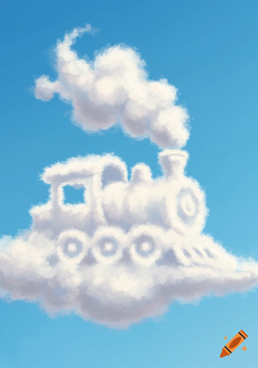 A fluffy cloud shaped like a train floats in a blue sky.