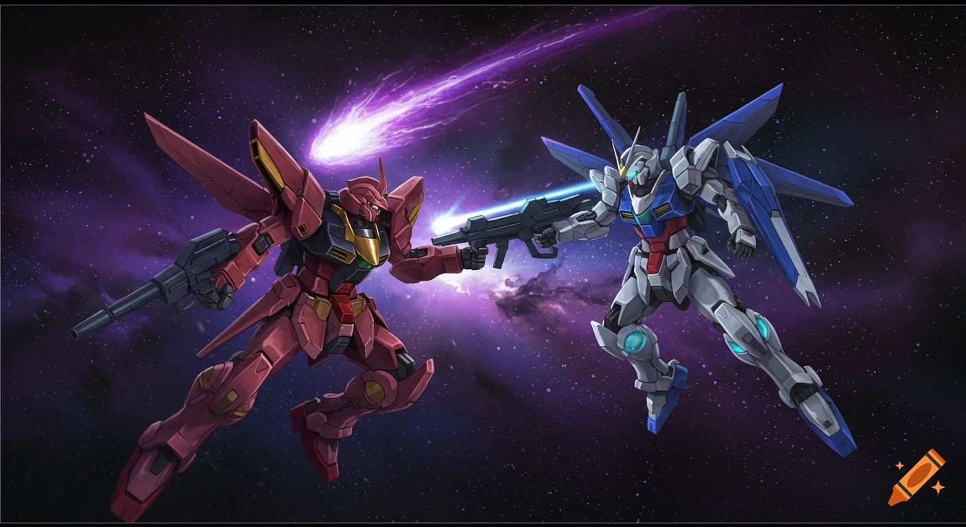 Epyon Gundam and 00 Gundam clash in space with a purple shooting star.