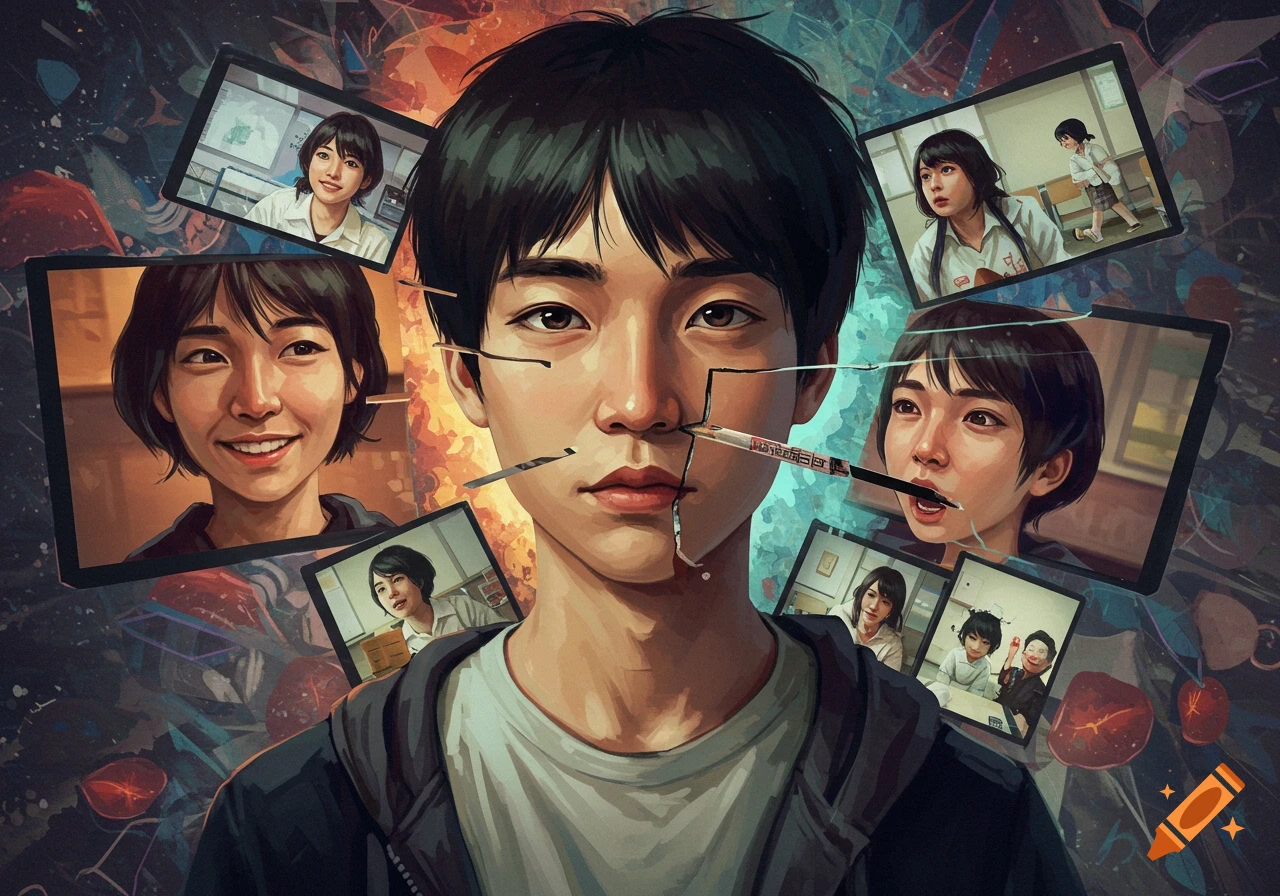 Illustrative portrait of a young man with a fractured face showing illegible text, surrounded by smaller images of a young woman.