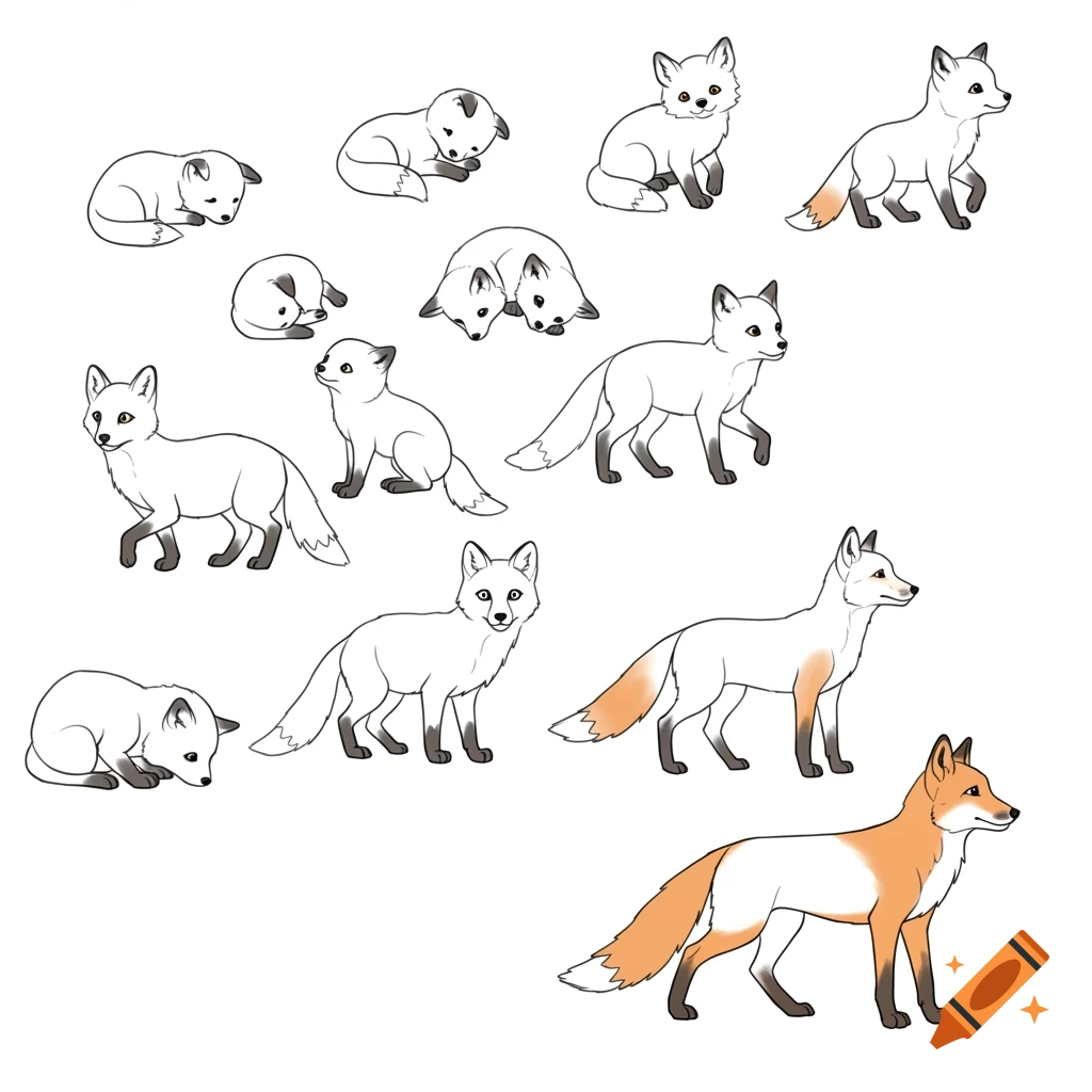 Drawings of baby foxes and adult foxes in various poses.
