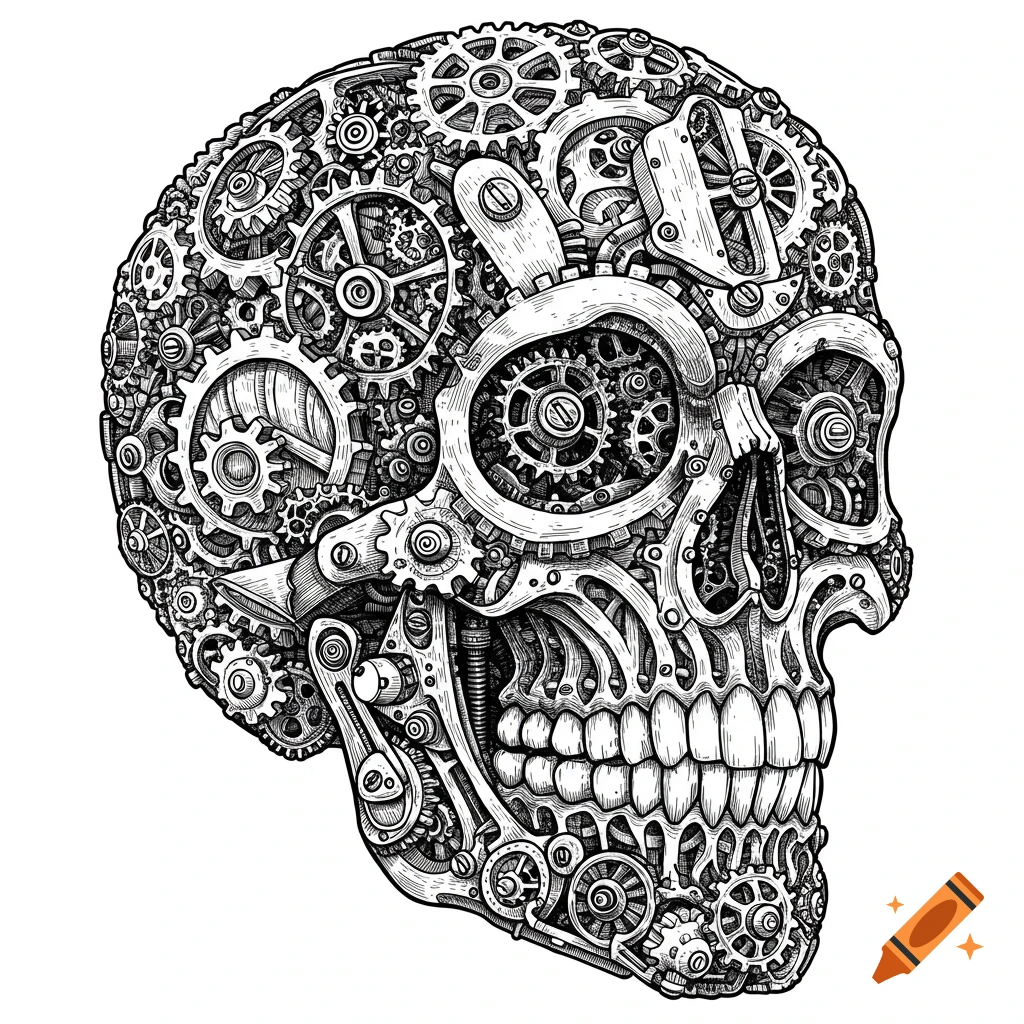 Line art illustration of a skull made of gears.
