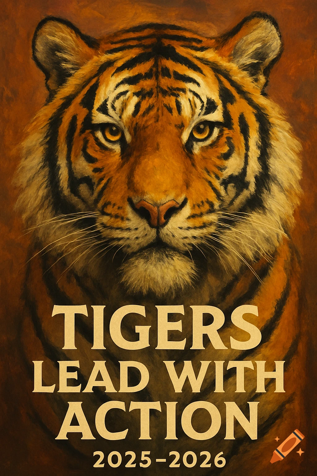 Oil painting of a tiger's face with the text Tigers Lead With Action 2025-2026.