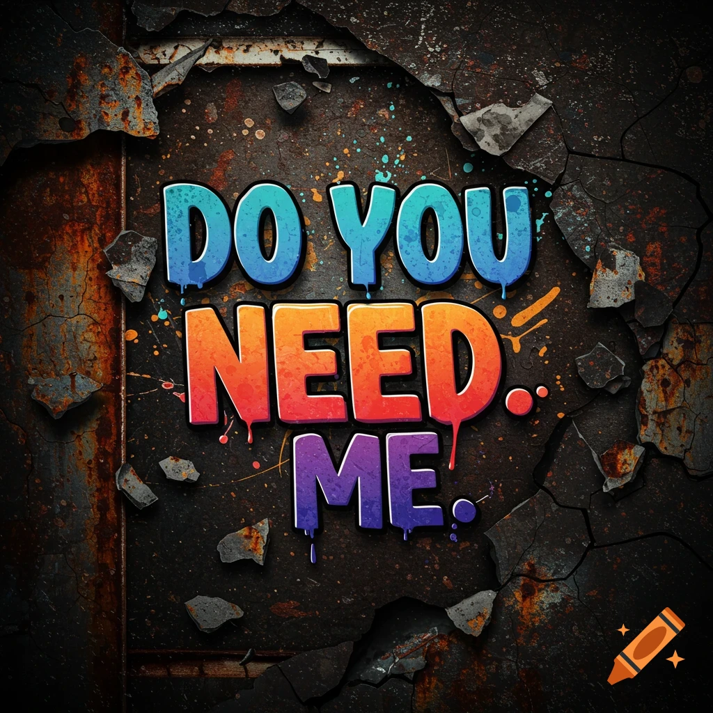 Colorful dripping text "DO YOU NEED. ME." on a cracked rusty background.