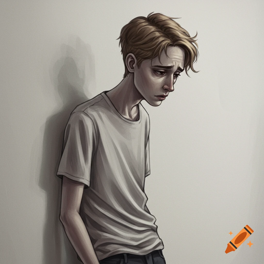 A stylized illustration of a sad young man leaning against a wall.