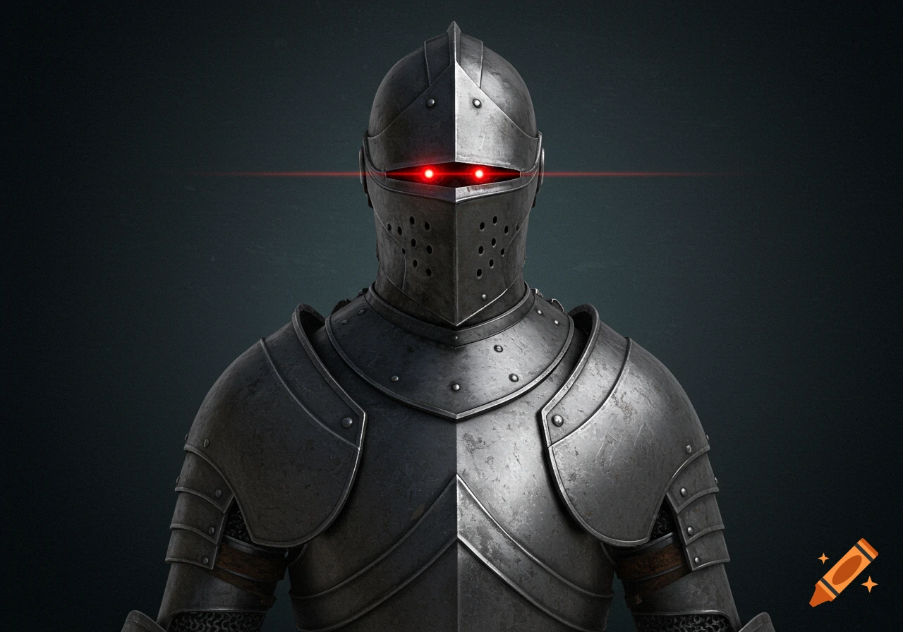 Close-up of a dark metallic robot knight in armor with glowing red eyes.
