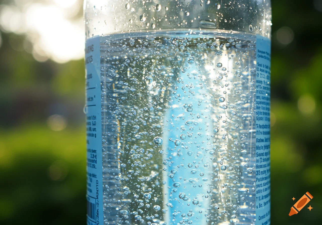 Close-up of a plastic bottle of sparkling water with bubbles and sunlight.