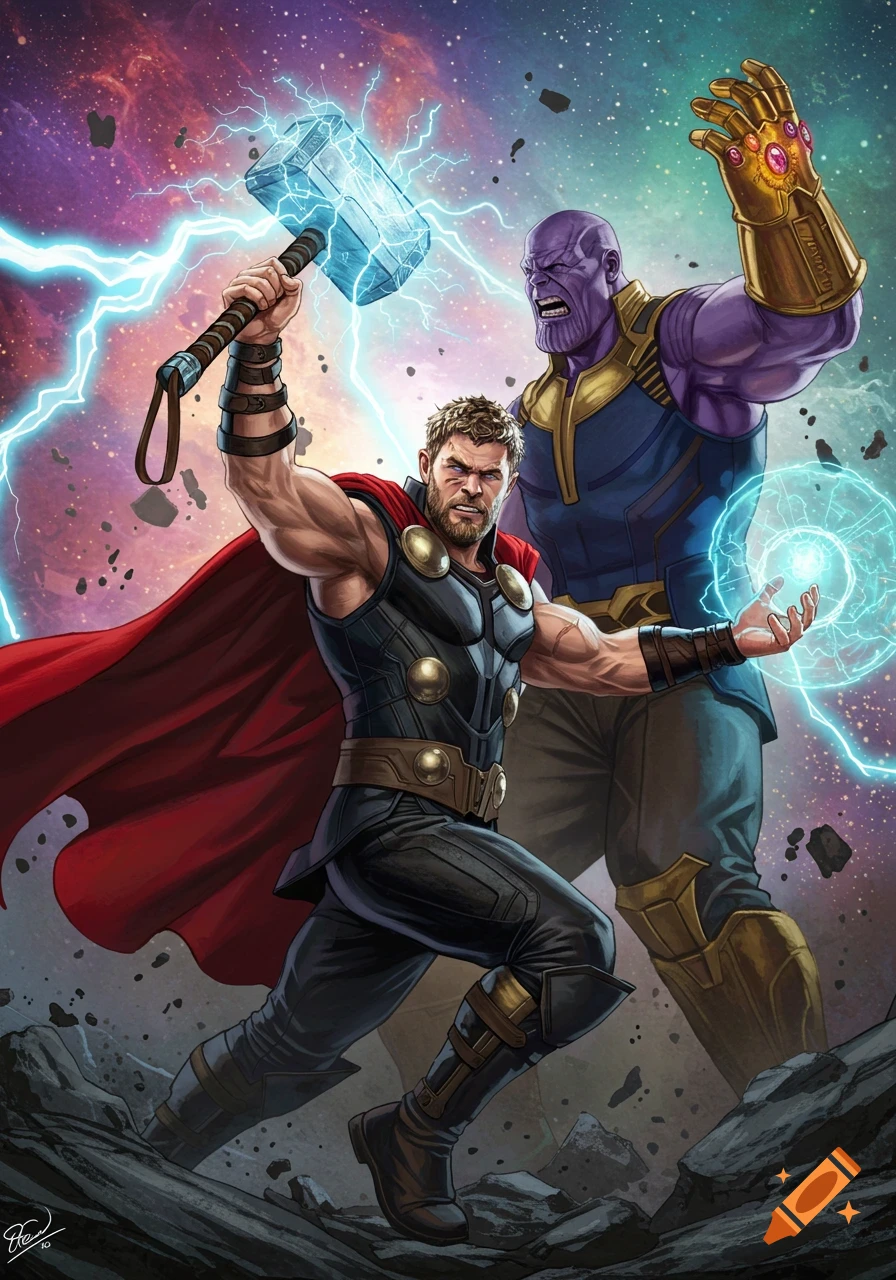 Comic book illustration of Thor raising Mjolnir against Thanos wielding the Infinity Gauntlet in space.