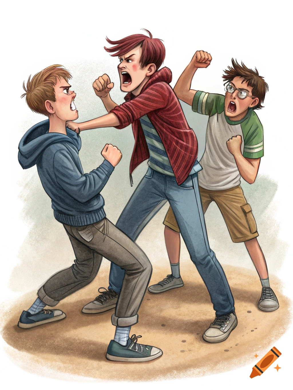 Cartoon illustration of three teenagers fighting.