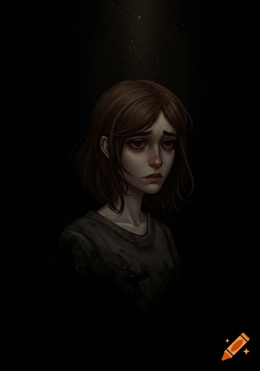 Stylized portrait of a crying girl looking down in the dark.