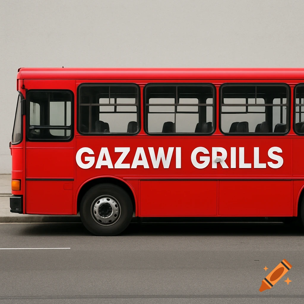 A red bus with the text "GAZAWI GRILLS" printed on its side, parked on a street.
