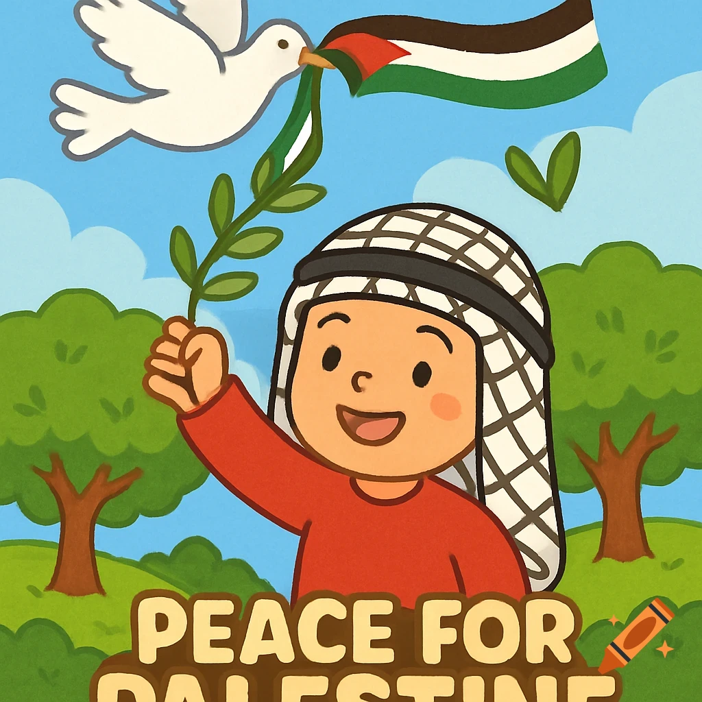 Cartoon graphic of child, dove with Palestinian flag, and text 'Peace for Palestine'