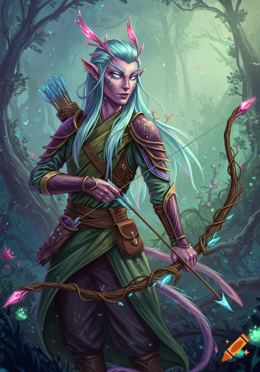 A fantasy digital painting of a fey archer drawing back a bow in an enchanted forest.