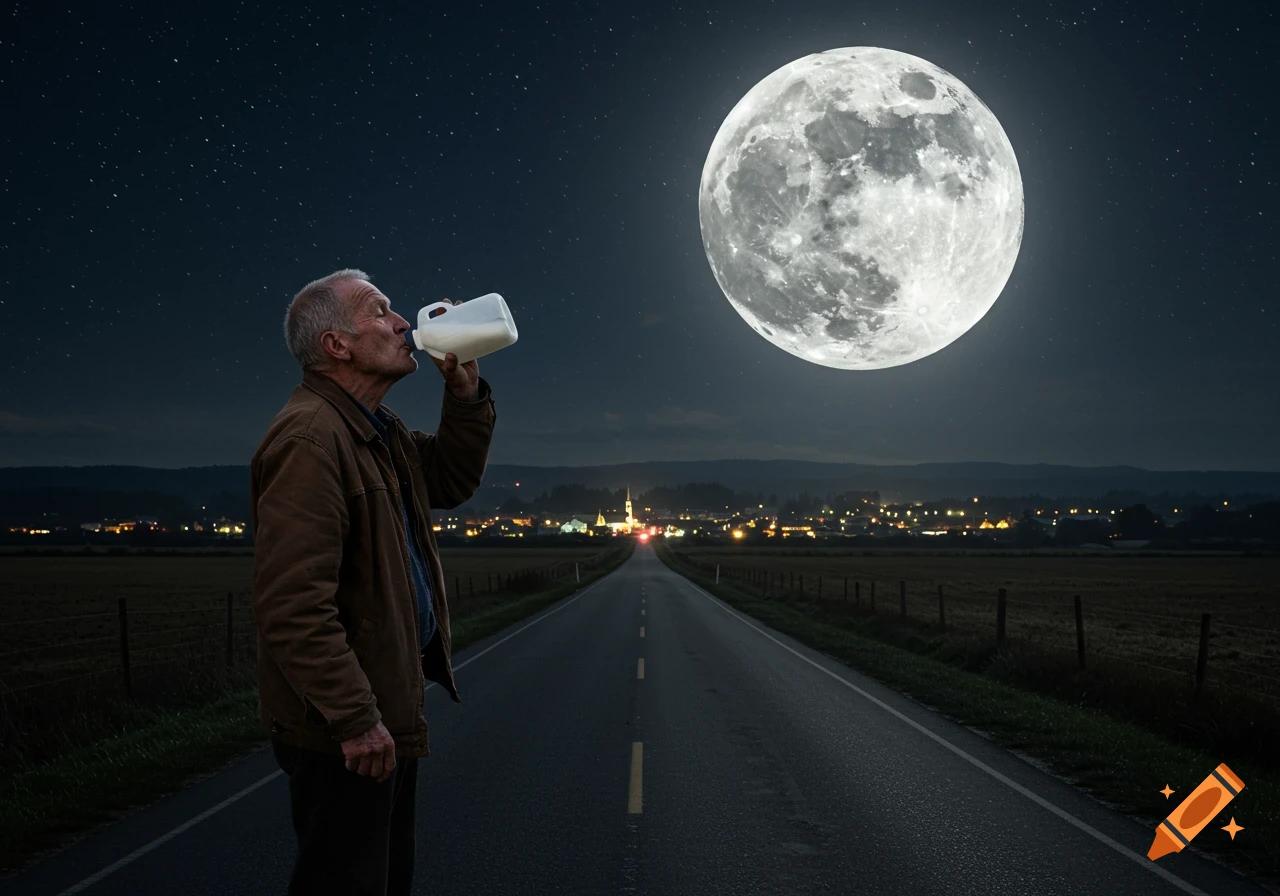 Old man drinking from a milk jug on a road at night under a large moon with town lights in the background.