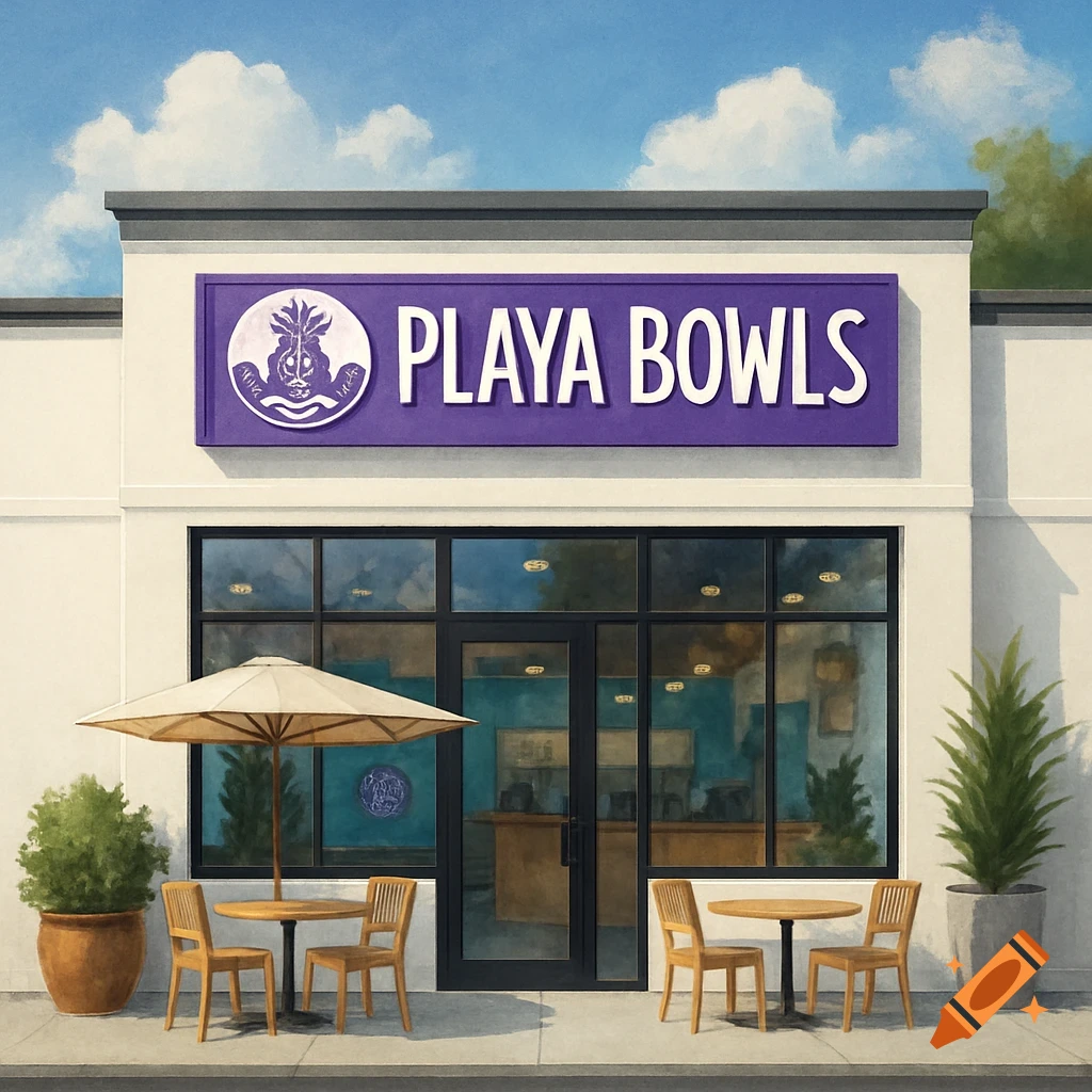 Exterior view of a Playa Bowls store with outdoor seating under an umbrella, plants, and a sign.