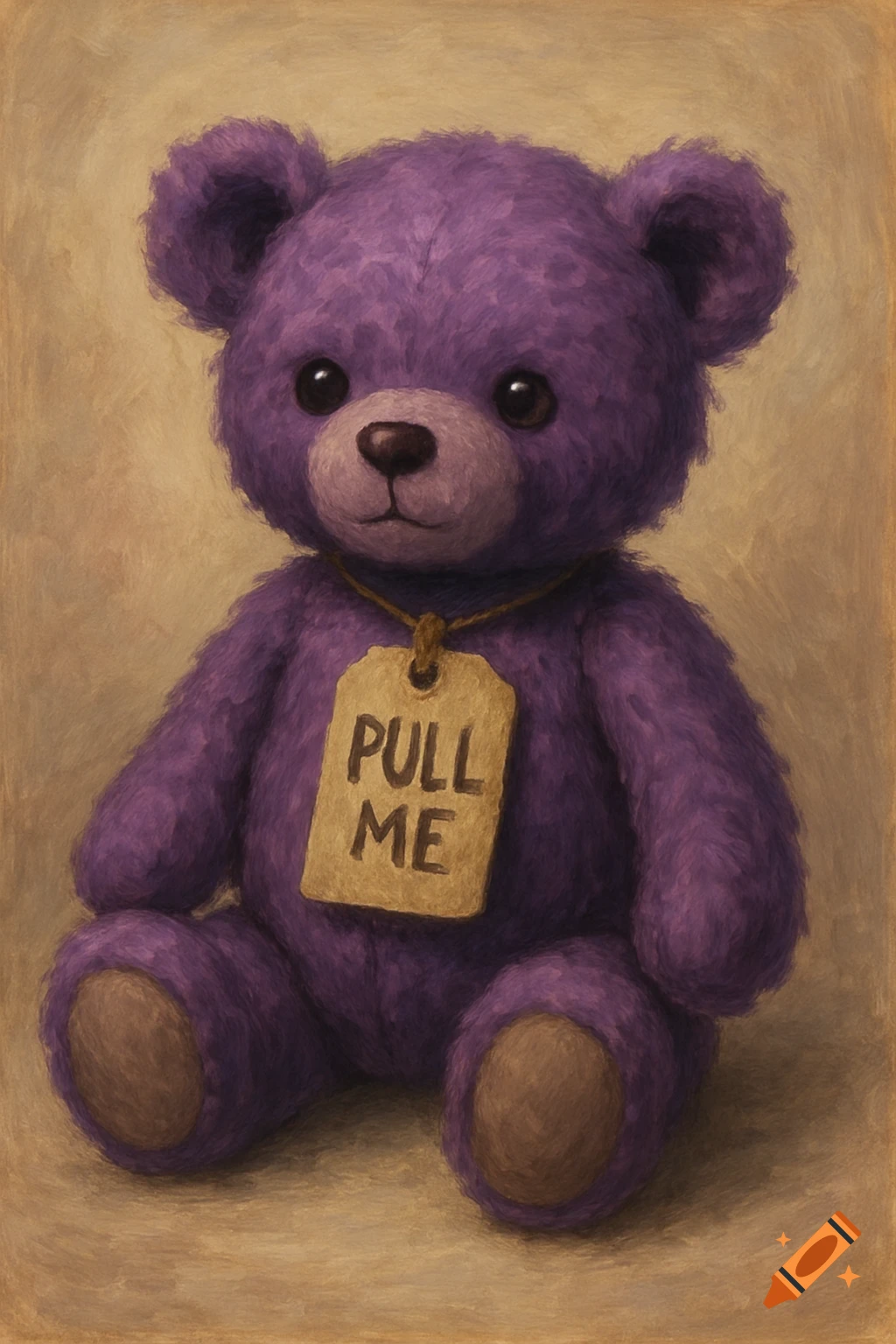 A painting of a purple teddy bear wearing a tag that says PULL ME.