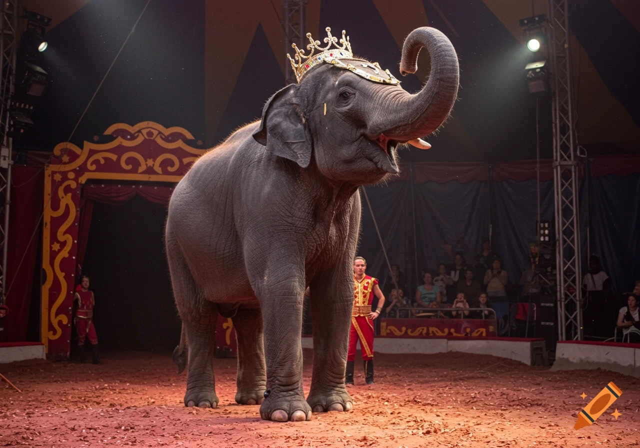 Elephant wearing a crown in a circus ring