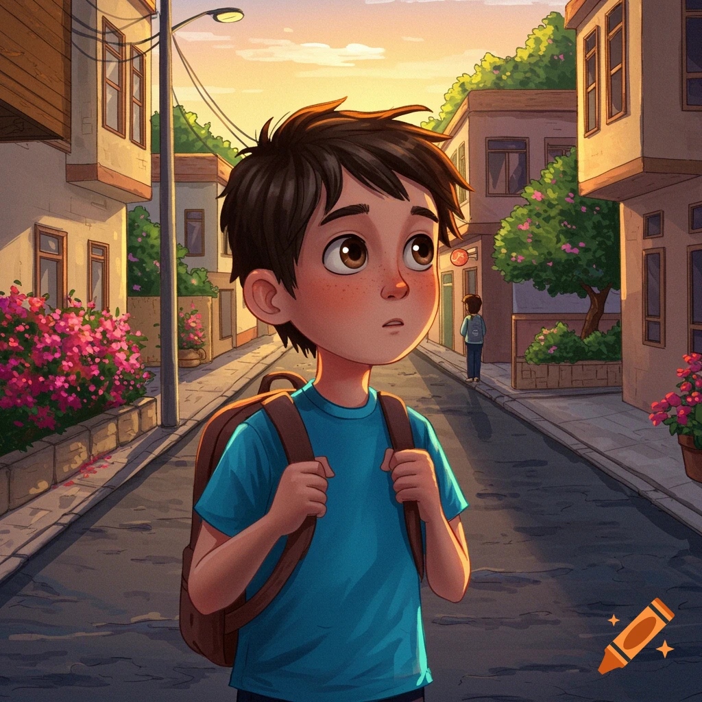 Cartoon illustration of a boy with a backpack standing on a street at sunset