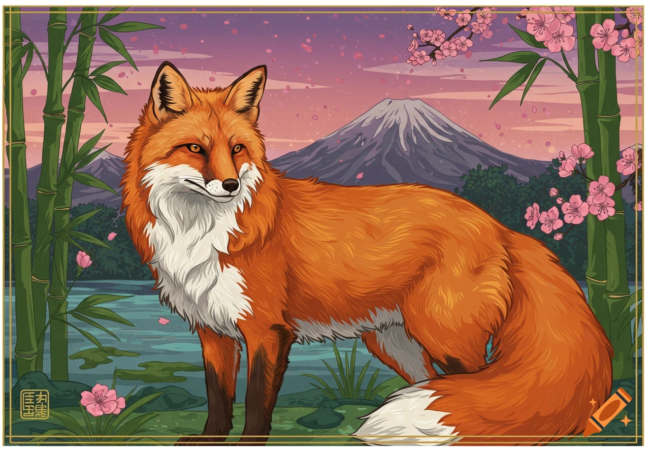 A Japanese-style illustration of a red fox standing by a pond with bamboo, cherry blossoms, and Mount Fuji in the background.