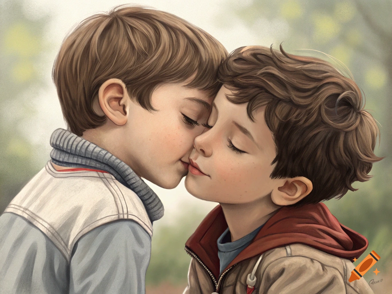 Close-up illustration of two young boys kissing outdoors